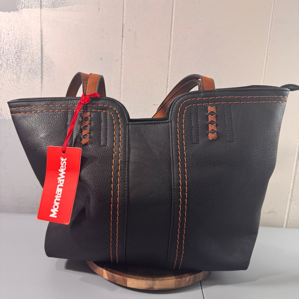 Montana West Black Tote with Brown Trim and Contrast Stitching